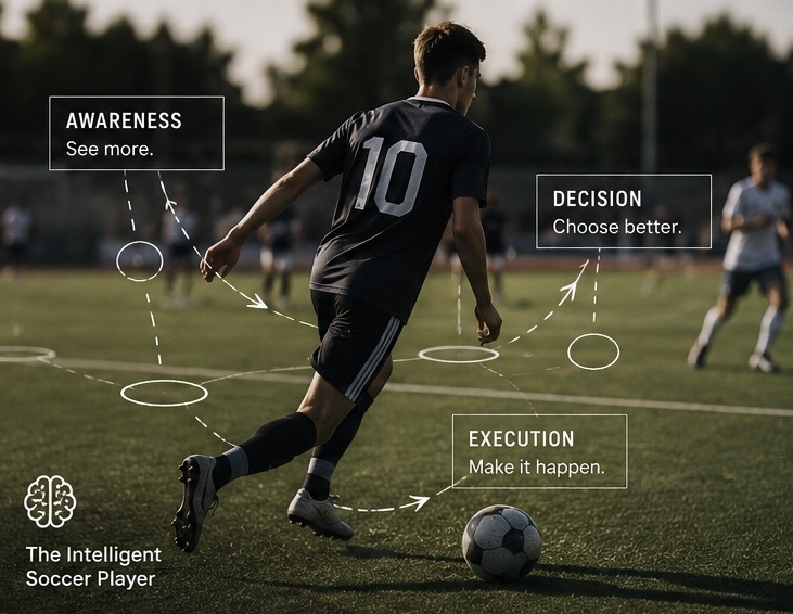 Soccer player applying awareness, decision, and execution on the field